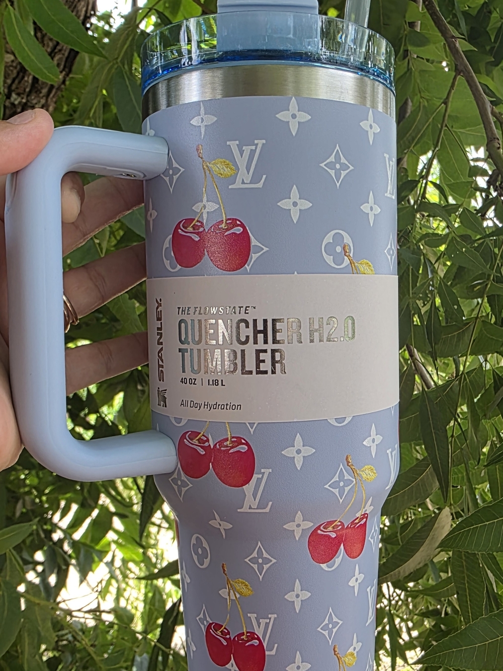 Stanley Light Blue Cherry Pattern Quencher H2.0 Tumbler